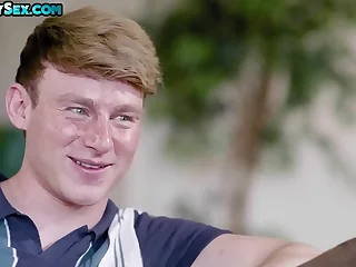 Tattooed blond twink barebacks bottom BF superior to before be passed on love-seat